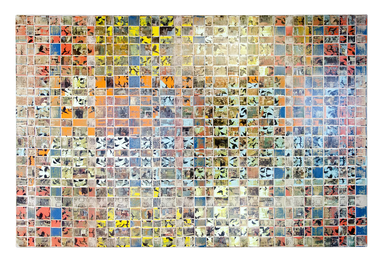 A colorful abstract artwork featuring a mosaic-like pattern with various geometric shapes and serigraph images of birds multiple colors.