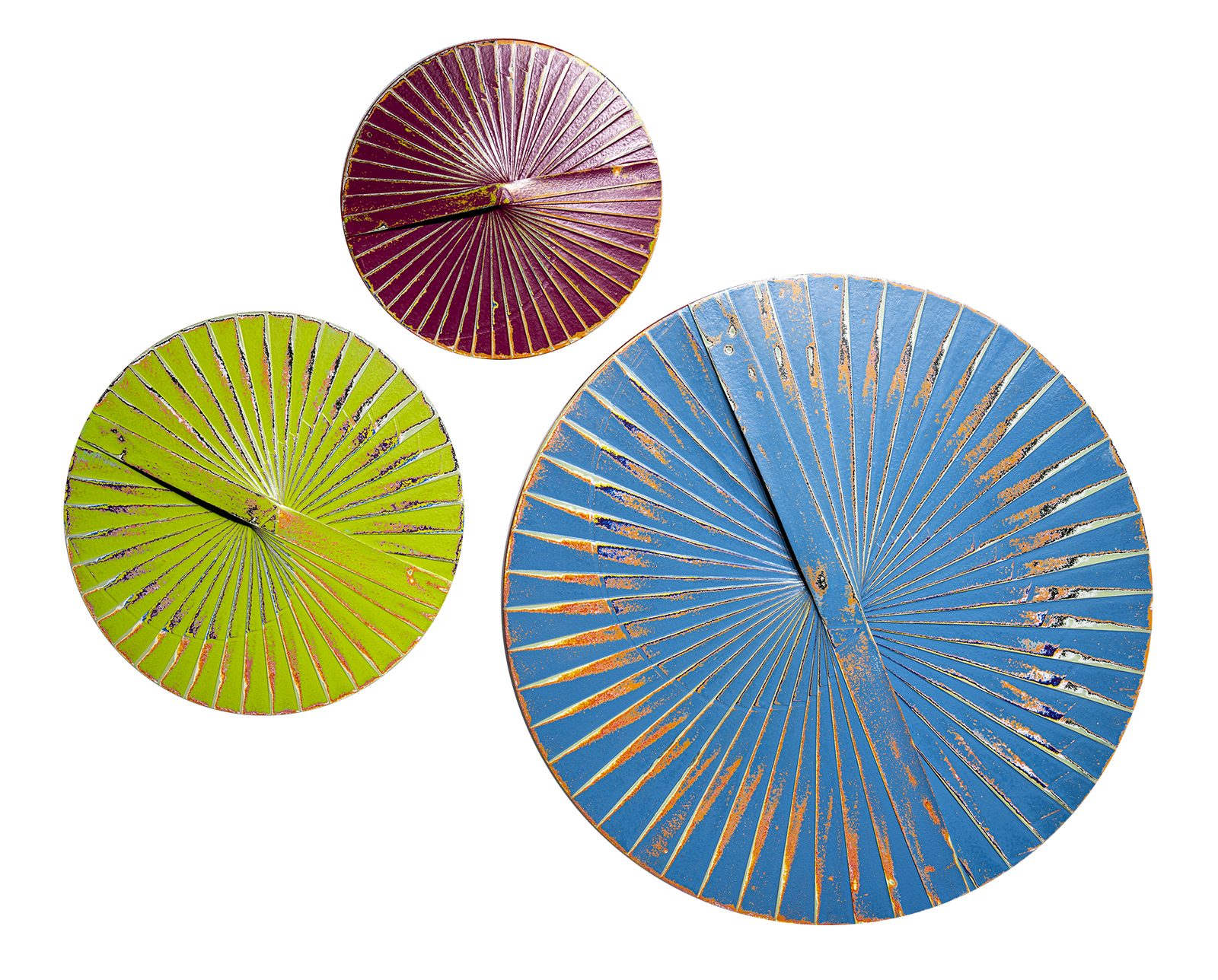 A set of three circular acrylic paintings in red, blue, and green colors, with a textured pattern and a central clock hand.