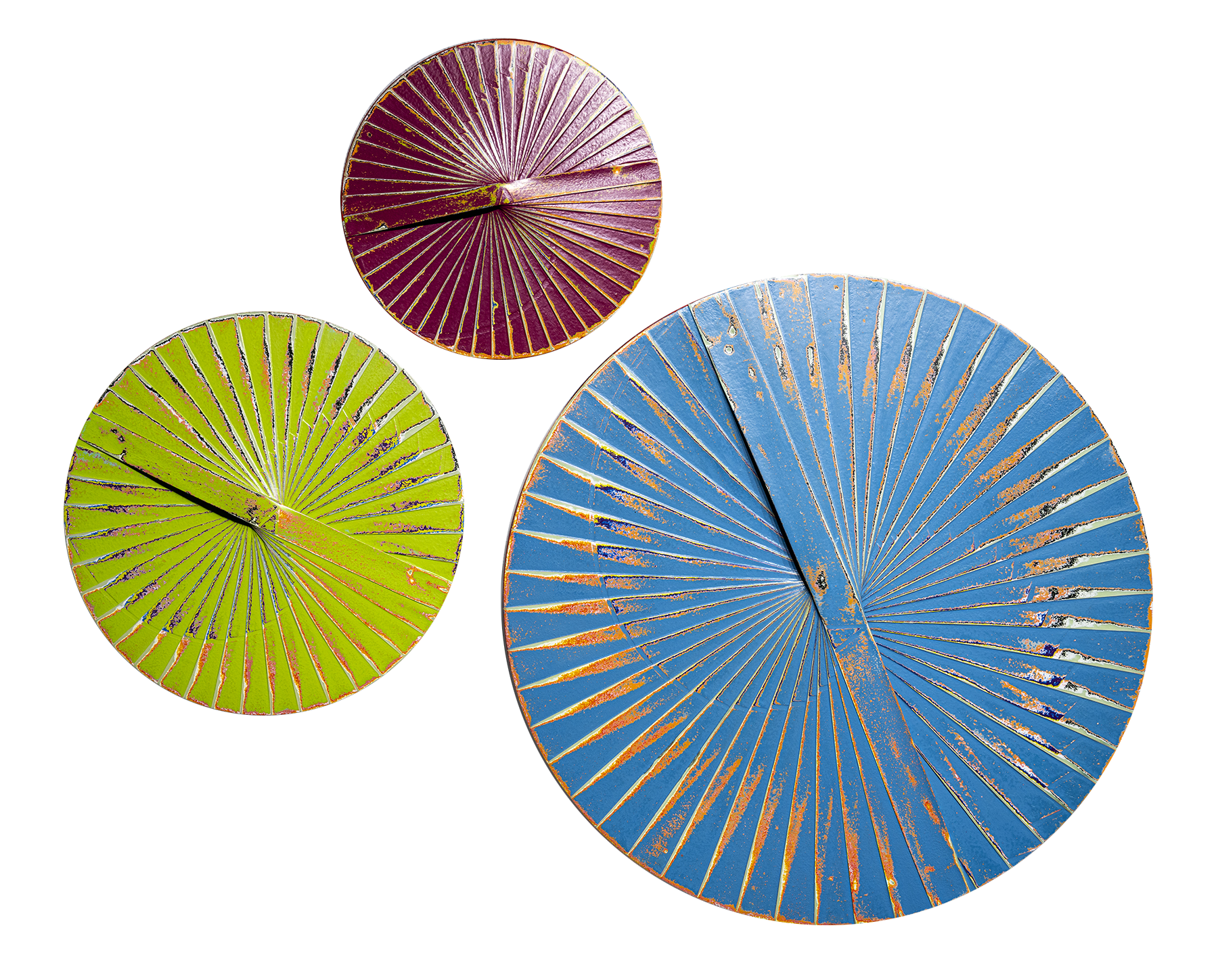 A set of three circular acrylic paintings in red, blue, and green colors, with a textured pattern and a central clock hand.